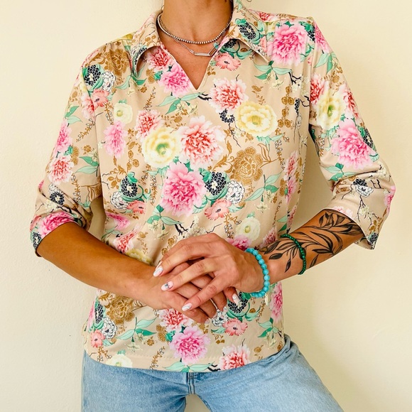 Vintage Haband floral print v neck collared blouse top - Picture 2 of 7